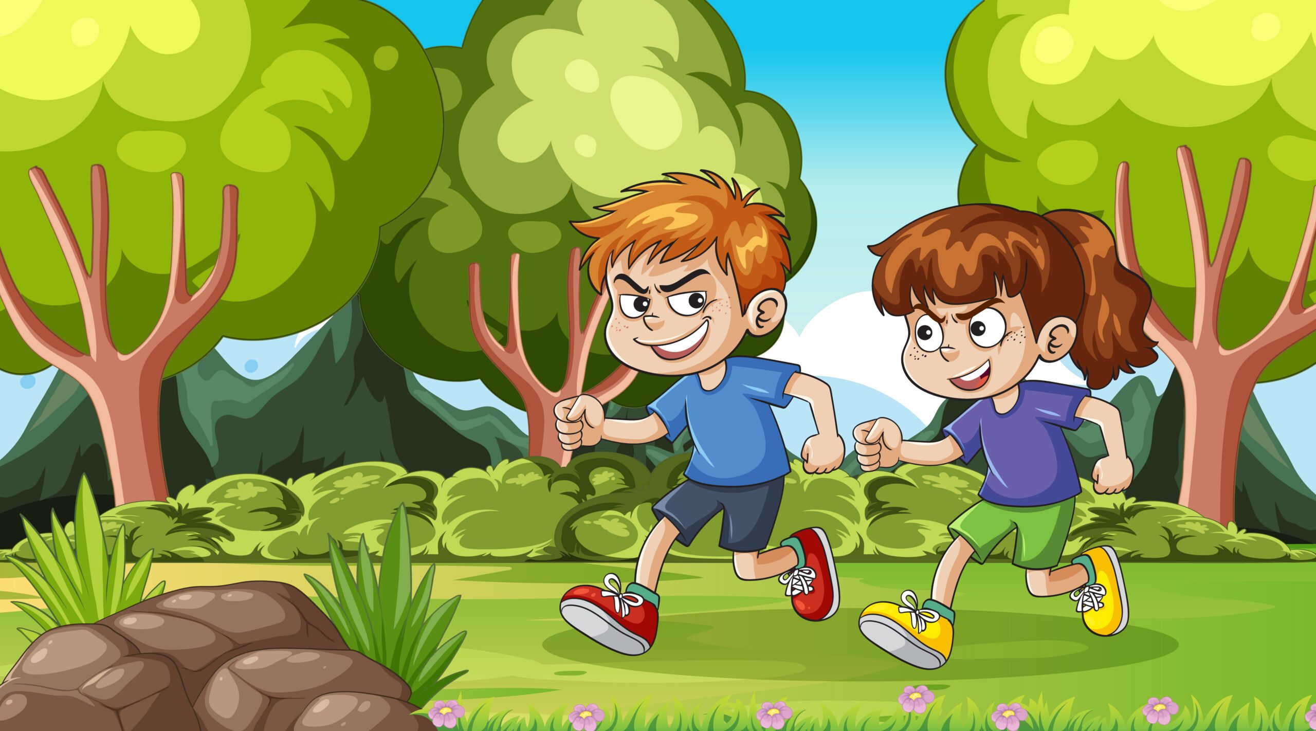 Two Children Running Together in a Forest Park